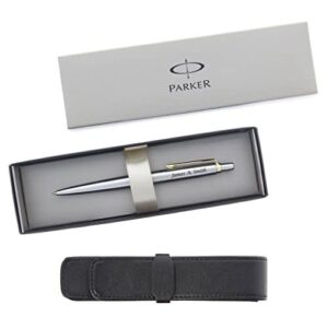 parker personalized/engraved jotter stainless steel & gold ballpoint pen with leather case and gift box - custom engraved with your name (stainless gold)