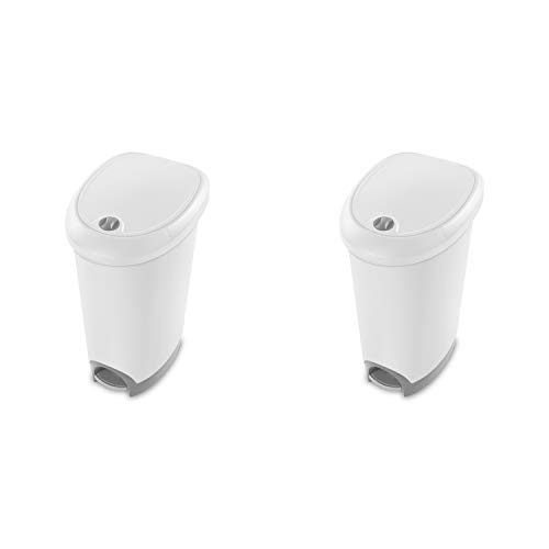 Sterilite 10738002 12.6 Gallon Locking StepOn Wastebasket, White Lid & Base w/ Titanium Pedal & Lock, 2-Pack