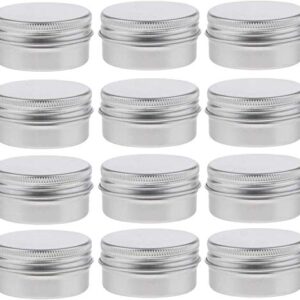 Healthcom 12 Pack 2 Oz/60ml Round Aluminum Tin Cans Screw Top Metal Lid Tins Makeup Cream Lip Balm Jars Empty Cosmetic Storage Sample Container Boxes Organization for Lip Balm Salve Crafts Spice Candles Tea Gifts,Silver