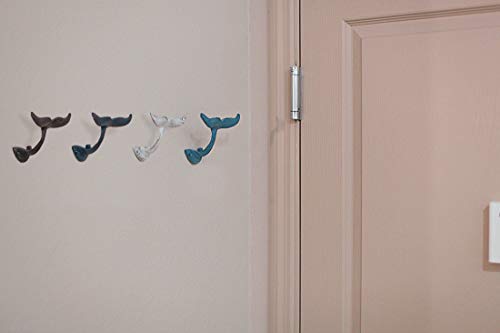 Zeckos Set of 4 Colorful Cast Iron Whale Tail Wall Hooks Decorative Coastal Metal Hangers