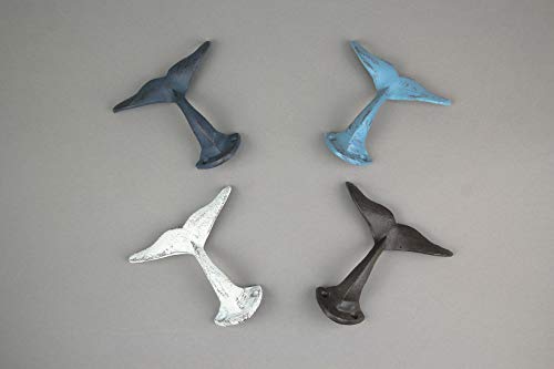 Zeckos Set of 4 Colorful Cast Iron Whale Tail Wall Hooks Decorative Coastal Metal Hangers