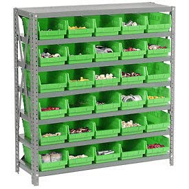 global industrial 7 shelf steel shelving with (30) 4" h plastic shelf bins, green, 36x12x39