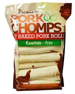 pork chomps baked pork skin dog chews, 8-inch rolls, 18 count