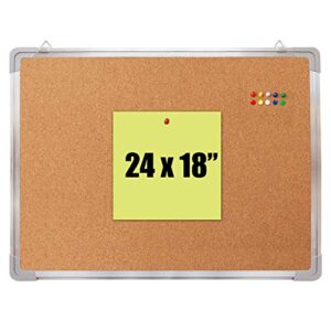 cork board set - bulletin corkboard 24 x 18 inch framed with 10 thumb tacks - small wall hanging message memo pin tackboard organizer for home, office, desk and cubicle (cork 24x18")