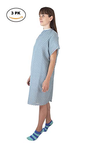 Elaine Karen Deluxe 3 Pack Cotton Blend Hospital Patient Gown - Back Tie, 41" Long & 52" Wide, Easy Care, Soft & Comfortable Gowns – One Size Fits All Blue