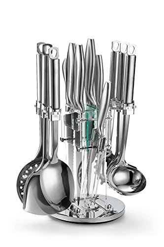 Oak & Steel 13 All-In-One Stainless Steel Chef Knife & Kitchen Cooking Utensil Set - Rotating Stand with Built-in Sharpener, 7 Cooking Tools, 5 Professional Knives