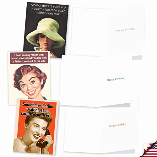 The Best Card Company - 10 Funny Birthday Cards Assorted (4 x 5.12 Inch) - Adult Vintage Assortment, Boxed Greeting Cards with Envelopes - Retro Toasts M6619BDG