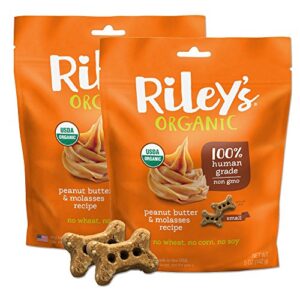 riley's organics - peanut butter & molasses organic dog treats, 5 oz small biscuits - resealable bag 2 pack
