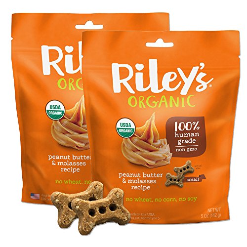 Riley's Organics - Peanut Butter & Molasses Organic Dog Treats, 5 oz Small Biscuits - Resealable Bag 2 Pack