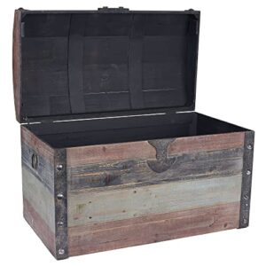 Household Essentials Large Wooden Storage Trunk, Weathered Wood with Paint Finish, Hinged Lid with Metal Accents