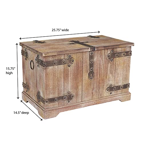 Household Essentials Decorative Trunk, Victorian, Large, Chinese Fir Wood, Aged-Wood Finish with Metal Accents, Fully Opening Lid, Stout Design, Ring Handles