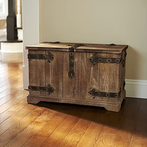 Household Essentials Decorative Trunk, Victorian, Large, Chinese Fir Wood, Aged-Wood Finish with Metal Accents, Fully Opening Lid, Stout Design, Ring Handles