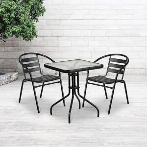 Flash Furniture Lila 23.5'' Square Glass Metal Table with 2 Black Metal Aluminum Slat Stack Chairs