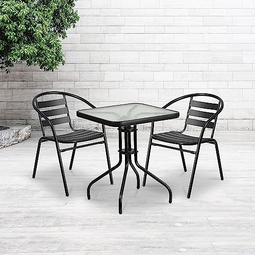 Flash Furniture Lila 23.5'' Square Glass Metal Table with 2 Black Metal Aluminum Slat Stack Chairs