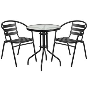 flash furniture 23.75'' round glass metal table with 2 black metal aluminum slat stack chairs
