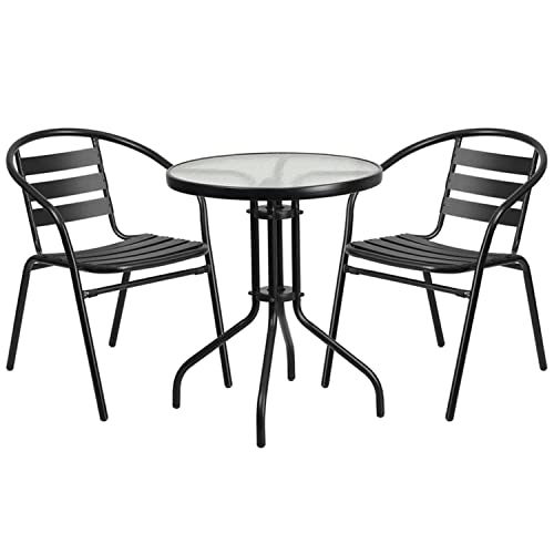 Flash Furniture 23.75'' Round Glass Metal Table with 2 Black Metal Aluminum Slat Stack Chairs