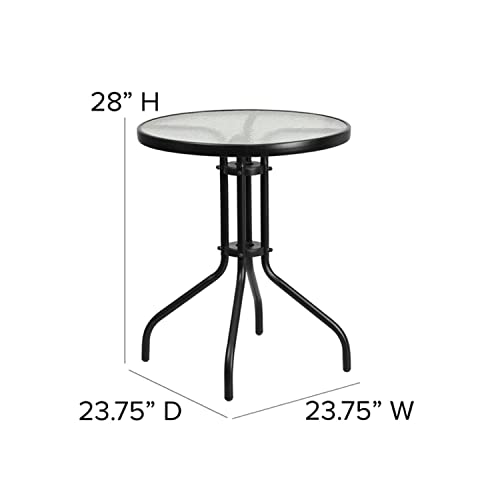 Flash Furniture 23.75'' Round Glass Metal Table with 2 Black Metal Aluminum Slat Stack Chairs