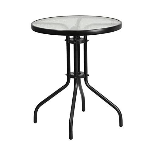 Flash Furniture 23.75'' Round Glass Metal Table with 2 Black Metal Aluminum Slat Stack Chairs