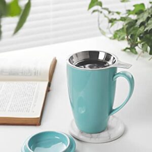 Sweese 15 OZ Porcelain Tea Mug with Infuser and Lid, Loose Leaf Tea Cup, Gifts for Tea Lover, Turquoise - 201.102