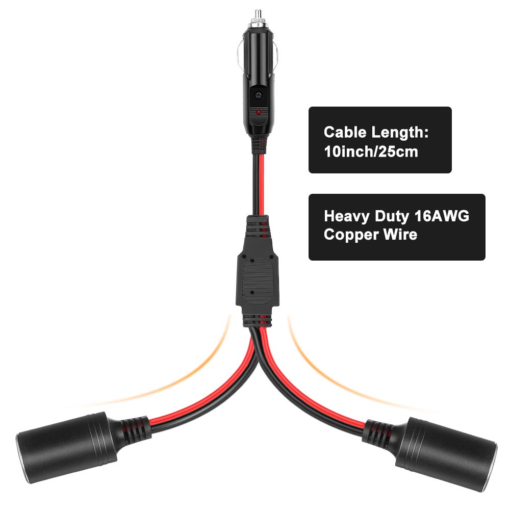 [Upgraded Version] Electop 1 to 2 Car Cigarette Lighter Splitter Adapter Power Charger Port, 12V 24V Plug Socket 2-Way Splitter Y Adapter, 10 inch Cigarette Lighter Extension Cord 16AWG with 15A Fuse