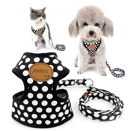 SELMAI Small Dog Harness Vest Leash Set Polka Dot/Camo Mesh Padded No Pull Leads for Puppy Pet Cat (Large (Pack of 1), Black)