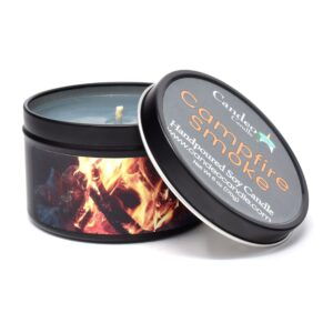campfire smoke soy candle -large travel tins, 6oz - highly scented - made with soy wax - handmade in the usa - candeo candle