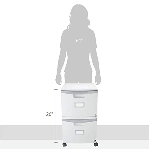 Storex Plastic Two-Drawer File Cabinet – Locking Document Organizer with Casters for Home and Office, Gray, 1-Pack (61310B01C)