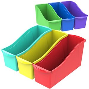 storex large book bin, interlocking plastic organizer for home, office and classroom, assorted colors, 6-pack (70110u06c)
