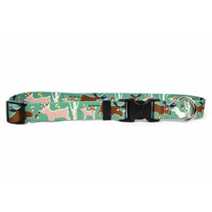 yellow dog design woodland friends dog collar with tag-a-long id tag system-large-1" and fits neck 18 to 28"