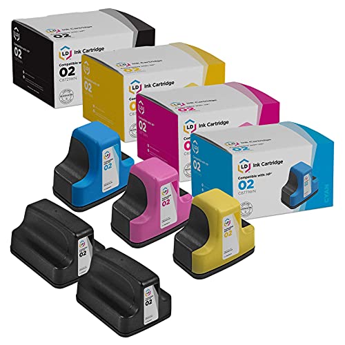 LD Products Remanufactured Replacements for HP 02 Ink Cartridges with Smart chip (2 Black, 1 Cyan, 1 Magenta, 1 Yellow, 5-Pack) for PhotoSmart C5180 C6180 C6280 C7250 C7280 C8180 D7145 D7155 D7160