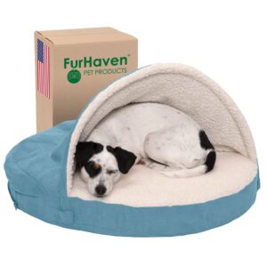 furhaven 26" round orthopedic dog bed for medium/small dogs w/ removable washable cover, for dogs up to 30 lbs - sherpa & suede snuggery - blue, 26-inch