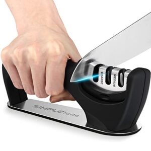 simpletaste kitchen knife sharpener with non-slip base, 3-stage sharpening tool helps restore and repair blades edge
