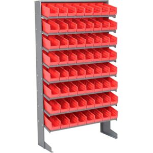 global industrial floor rack, 8 shelves w/ (64) 4" w red bins, 33x12x61