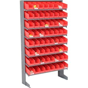 Global Industrial Floor Rack, 8 Shelves w/ (64) 4" W Red Bins, 33x12x61