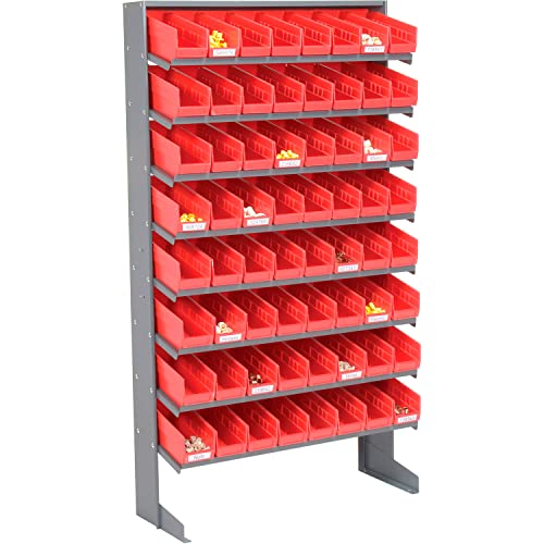 Global Industrial Floor Rack, 8 Shelves w/ (64) 4" W Red Bins, 33x12x61