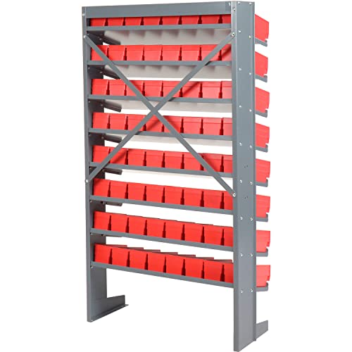 Global Industrial Floor Rack, 8 Shelves w/ (64) 4" W Red Bins, 33x12x61