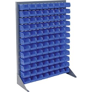 global industrial louvered bin rack with (96) blue stacking bins, 35" w x 15" d x 50" h
