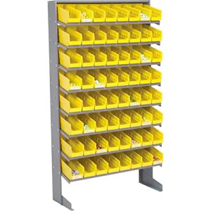 global industrial floor rack, 8 shelves w/ (64) 4" w yellow bins, 33x12x61