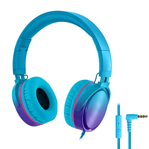 rockpapa Grade On-Ear Kids Headphones with Microphone, Lightweight Foldable Stereo Bass Headphones with 1.5M No-Tangle Cord, Portable Wired Headphones for Laptop Computer Tablet Smartphone Blue