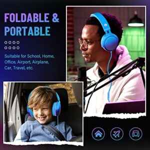 rockpapa Grade On-Ear Kids Headphones with Microphone, Lightweight Foldable Stereo Bass Headphones with 1.5M No-Tangle Cord, Portable Wired Headphones for Laptop Computer Tablet Smartphone Blue