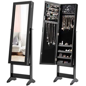 giantex jewelry cabinet with full-length mirror, standing jewelry armoire organizer with 64 earring slots, 20 necklace hooks, 72 ring slots, 4 shelves for makeup, 3 angel adjustable (black)