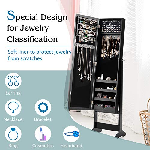 Giantex Jewelry Cabinet with Full-Length Mirror, Standing Jewelry Armoire Organizer with 64 Earring Slots, 20 Necklace Hooks, 72 Ring Slots, 4 Shelves for Makeup, 3 Angel Adjustable (Black)