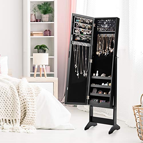 Giantex Jewelry Cabinet with Full-Length Mirror, Standing Jewelry Armoire Organizer with 64 Earring Slots, 20 Necklace Hooks, 72 Ring Slots, 4 Shelves for Makeup, 3 Angel Adjustable (Black)