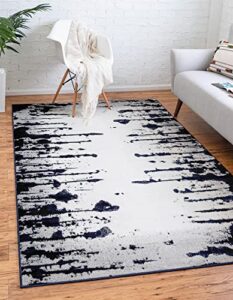 unique loom metro collection modern abstract vintage ink blot striped area rug, 5' 0" x 8' 0", ivory/navy blue