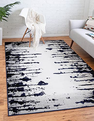 Unique Loom Metro Collection Modern Abstract Vintage Ink Blot Striped Area Rug, 5' 0" x 8' 0", Ivory/Navy Blue