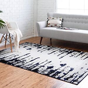 Unique Loom Metro Collection Modern Abstract Vintage Ink Blot Striped Area Rug, 5' 0" x 8' 0", Ivory/Navy Blue