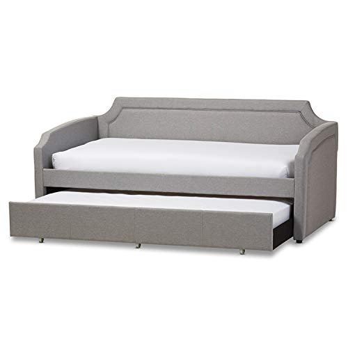 Baxton Studio Parkson Modern and Contemporary Grey Fabric Curved Notched Corners Sofa Twin Daybed with Roll-Out Trundle Guest Bed