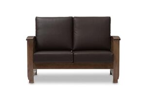baxton studio charlotte modern classic mission style walnut brown wood and dark brown faux leather 2-seater loveseat