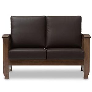 Baxton Studio Charlotte Modern Classic Mission Style Walnut Brown Wood and Dark Brown Faux Leather 2-Seater Loveseat