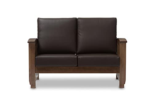 Baxton Studio Charlotte Modern Classic Mission Style Walnut Brown Wood and Dark Brown Faux Leather 2-Seater Loveseat